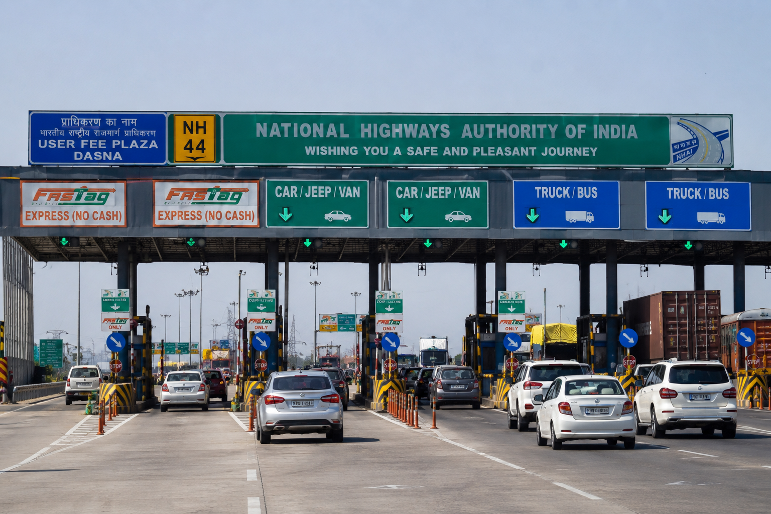 National Highway ਦੇ ਟੋਲ ਪਲਾਜ਼ਾ 'ਤੇ ਲੰਘਦੀਆਂ ਗੱਡੀਆਂ, ਕੇਂਦਰ ਸਰਕਾਰ ਵੱਲੋਂ ਟੋਲ ਟੈਕਸ ਵਾਧਾ 10-15% ਦੀ ਬਜਾਏ 2-3% ਤੱਕ ਸੀਮਤ ਕਰਨ ਦੇ ਫੈਸਲੇ ਨੂੰ ਦਰਸਾਉਂਦੀ ਤਸਵੀਰ।
