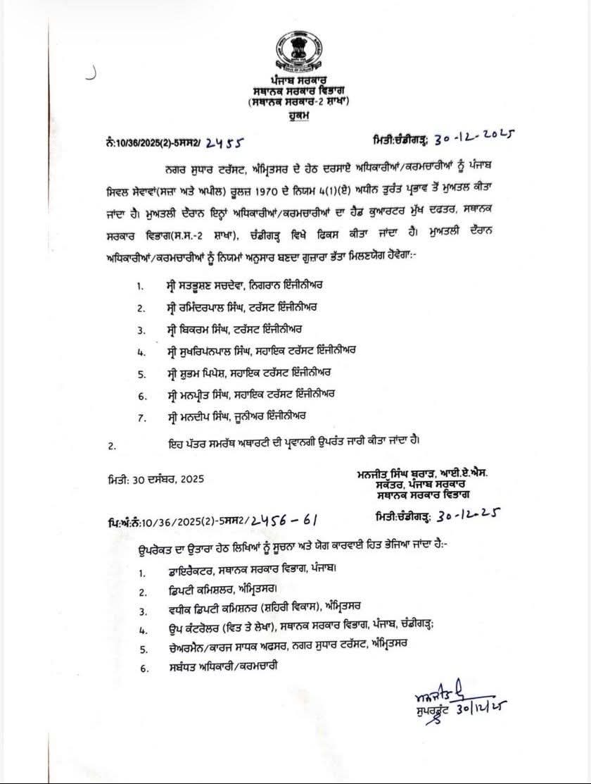 ਨਗਰ ਸੁਧਾਰ ਟਰਸਟ ਵਿੱਚ ਸੱਤ ਹੋਰ ਅਫਸਰਾਂ ਦੇ ਵੀ transfers